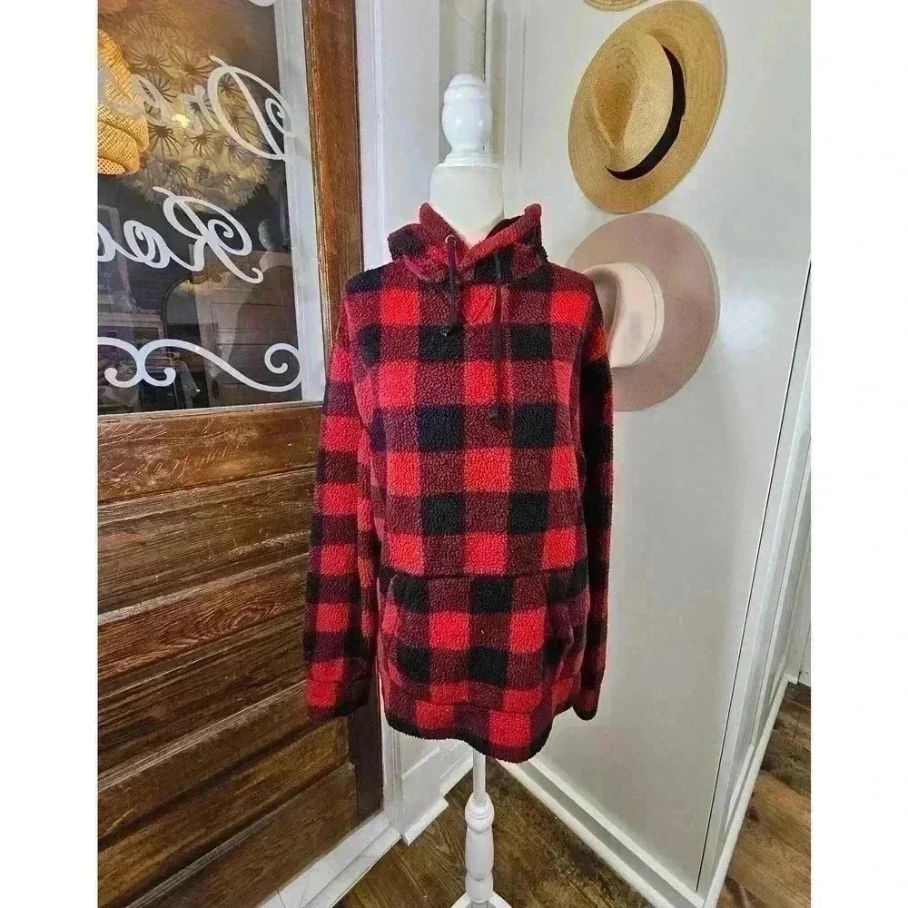 Express Men's Size XS Red and Black Buffalo Check Fleece Hoodie